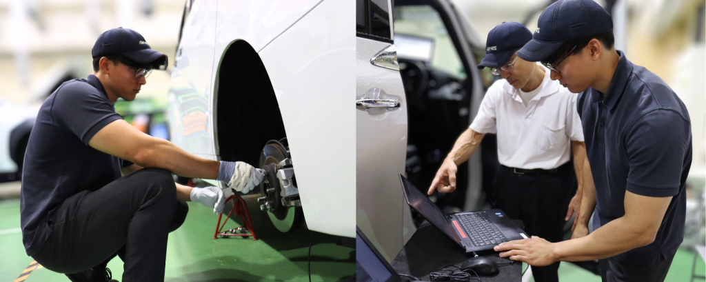 スポーツ制動技術の開発車両の整備・評価を担当するアドヴィックス従業員